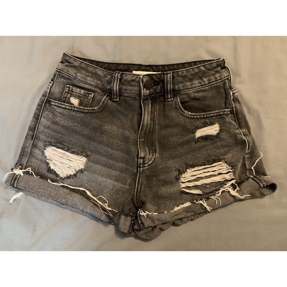 PacSun Denim - PacSun Mom Shorts 25 Black Faded Distressed Woman's 25x2 Cut Off Cuffed Booty